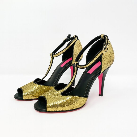 Betsey Johnson Gold Glitter T-Strap Heels Peep Toe Pink Sole Party Pumps Size 9 - Picture 1 of 8